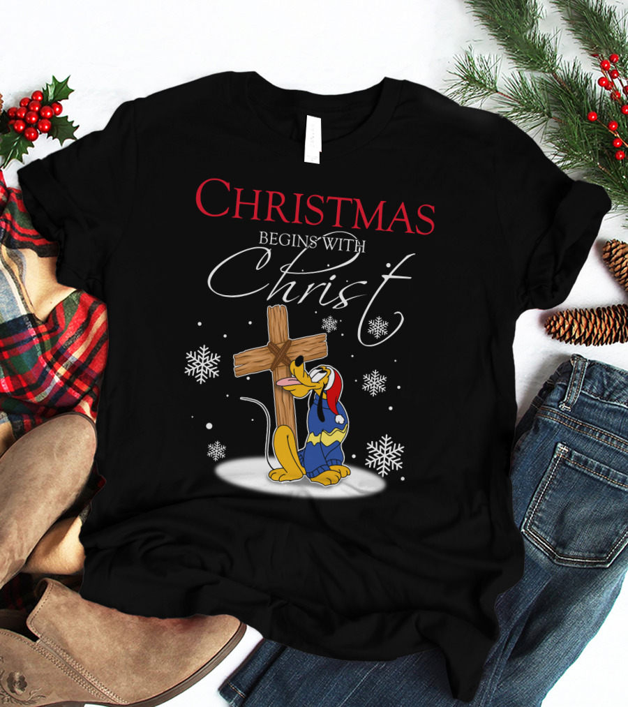 Christmas Begins With Christ Pluto Snowflakes Cross T-Shirt