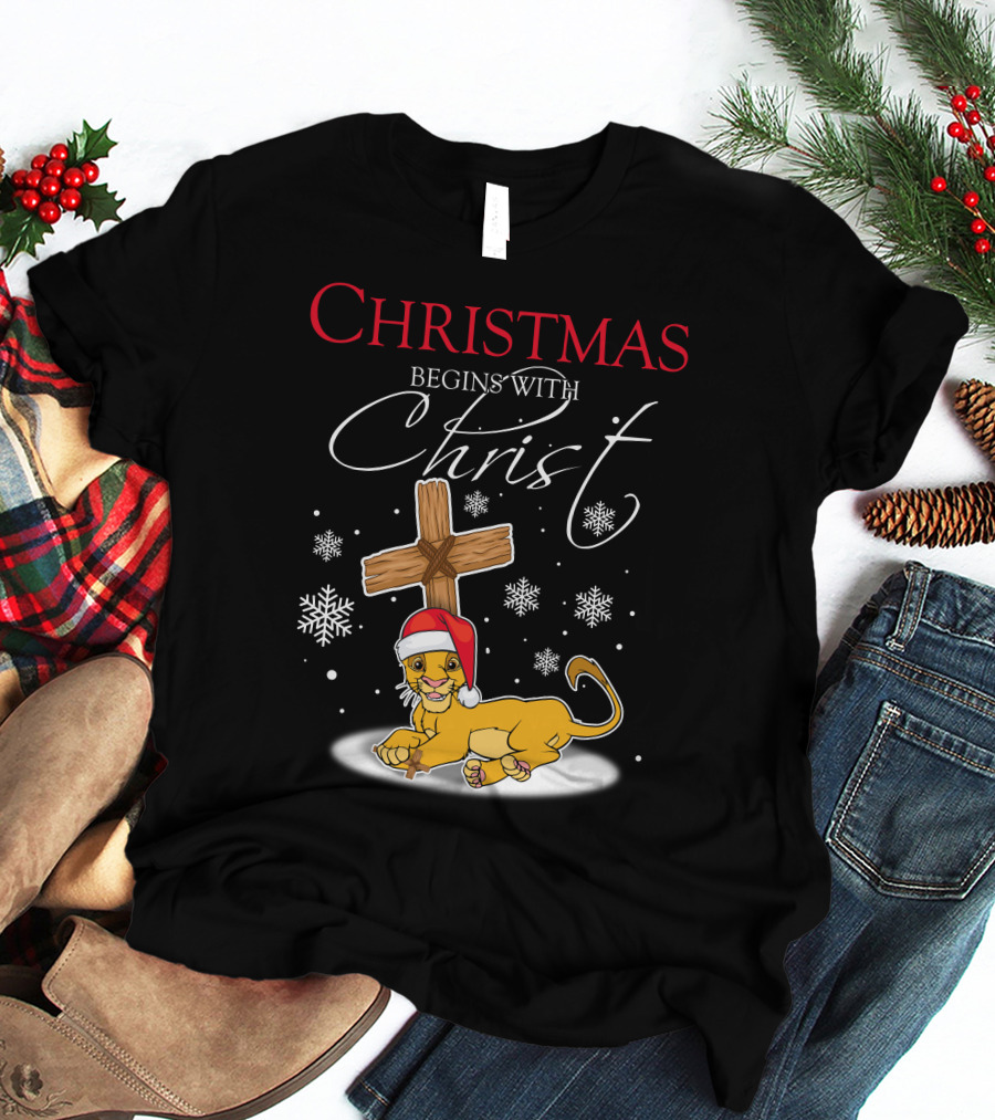 Christmas Begins With Christ Simba Snowflakes Santa Hat T-Shirt