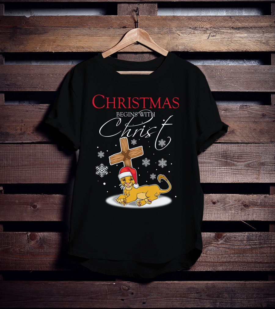 Christmas Begins With Christ Simba Snowflakes Santa Hat T-Shirt
