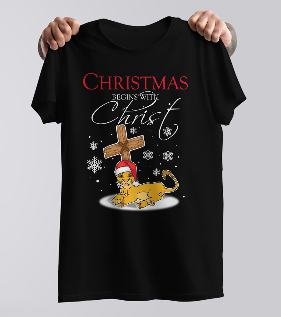 Christmas Begins With Christ Simba Snowflakes Santa Hat T-Shirt