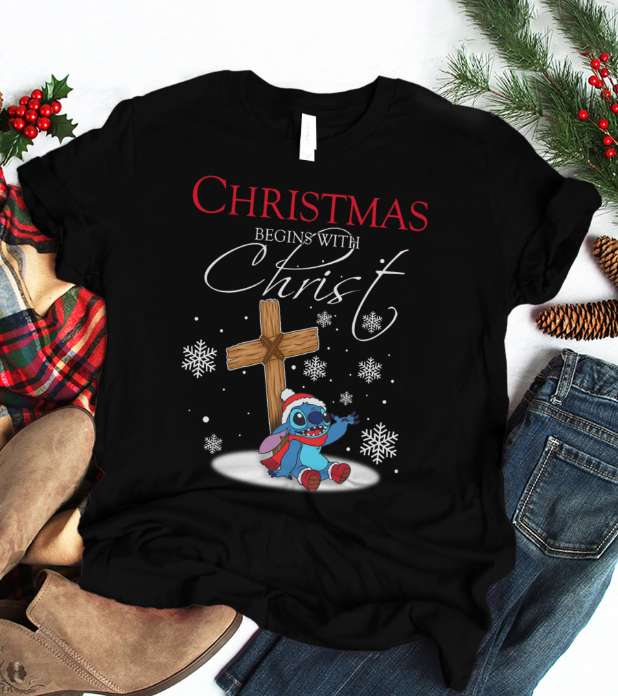 Christmas Begins With Christ Stitch Snowflakes T-Shirt