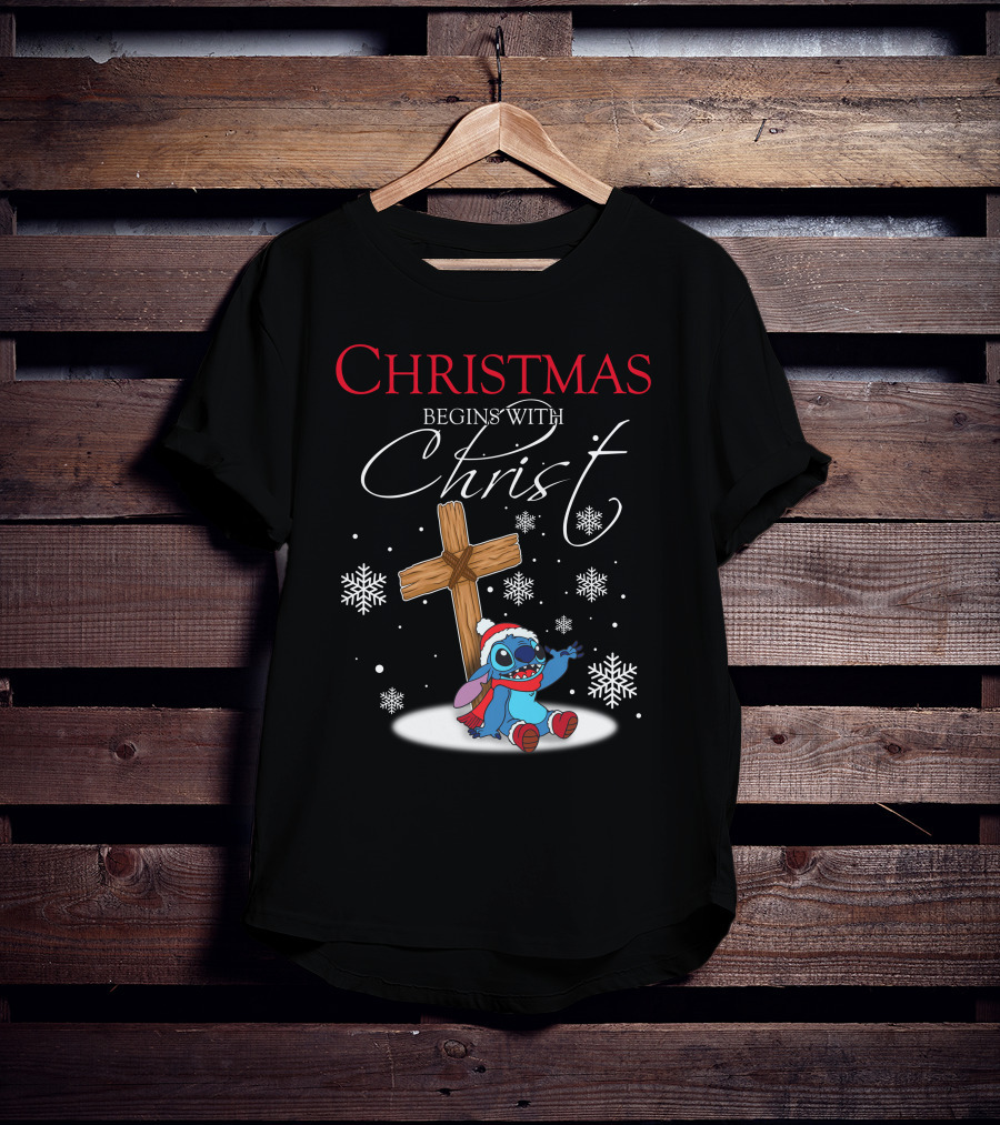 Christmas Begins With Christ Stitch Snowflakes T-Shirt