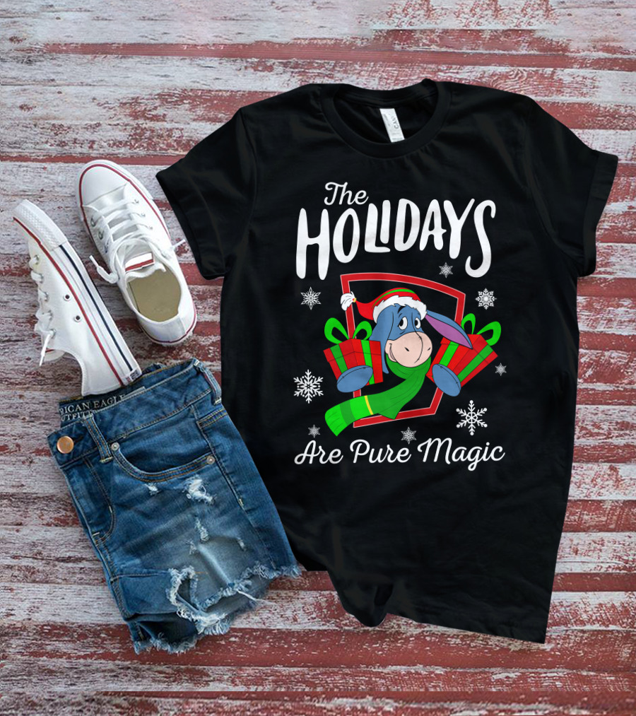 The Holidays Are Pure Magic Eeyore Wearing Santa Hat And Scarf Snowflakes And Presents T-Shirt