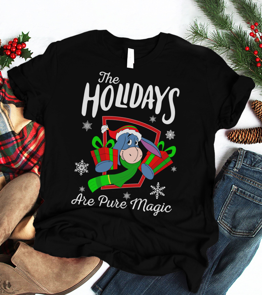 The Holidays Are Pure Magic Eeyore Wearing Santa Hat And Scarf Snowflakes And Presents T-Shirt