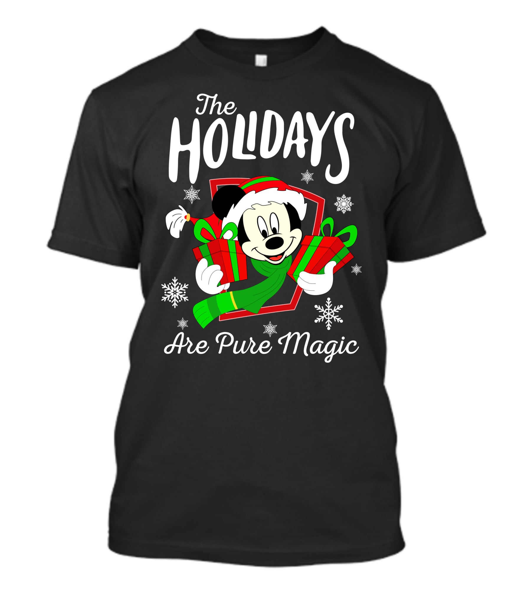 The Holidays Are Pure Magic Mickey Mouse Holding Gifts Snowflakes T-Shirt