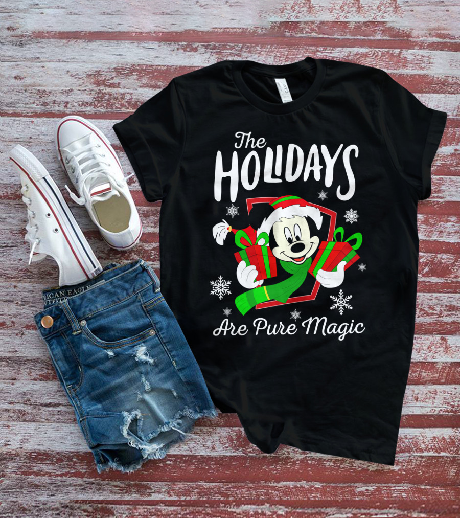 The Holidays Are Pure Magic Mickey Mouse Holding Gifts Snowflakes T-Shirt