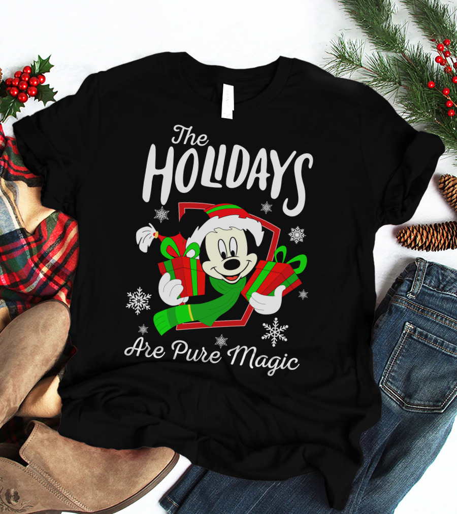 The Holidays Are Pure Magic Mickey Mouse Holding Gifts Snowflakes T-Shirt