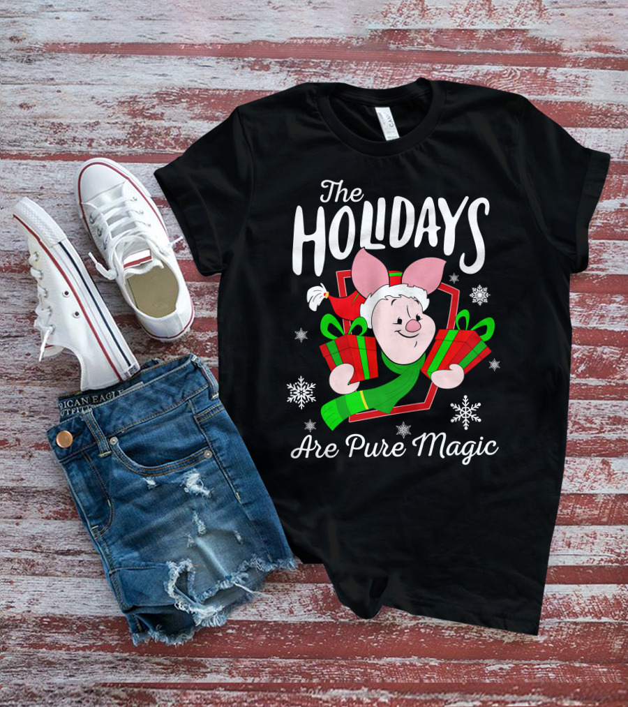The Holidays Are Pure Magic Piglet Snowflakes Presents Santa Hat T-Shirt