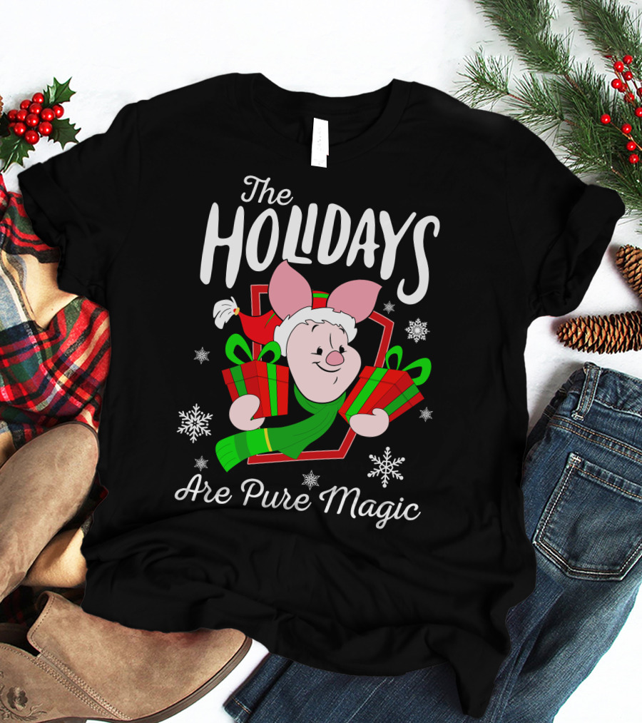 The Holidays Are Pure Magic Piglet Snowflakes Presents Santa Hat T-Shirt