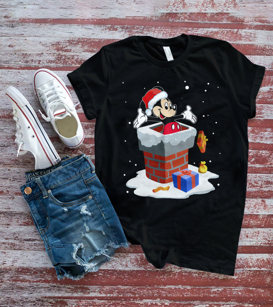 Mickey Mouse Christmas Chimney Santa Hat Snow Gifts T-Shirt