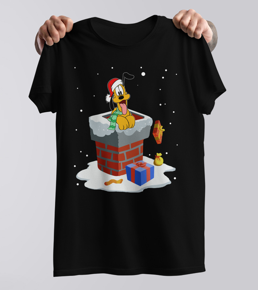 Pluto Christmas Chimney Santa Hat Holiday Scene T-Shirt
