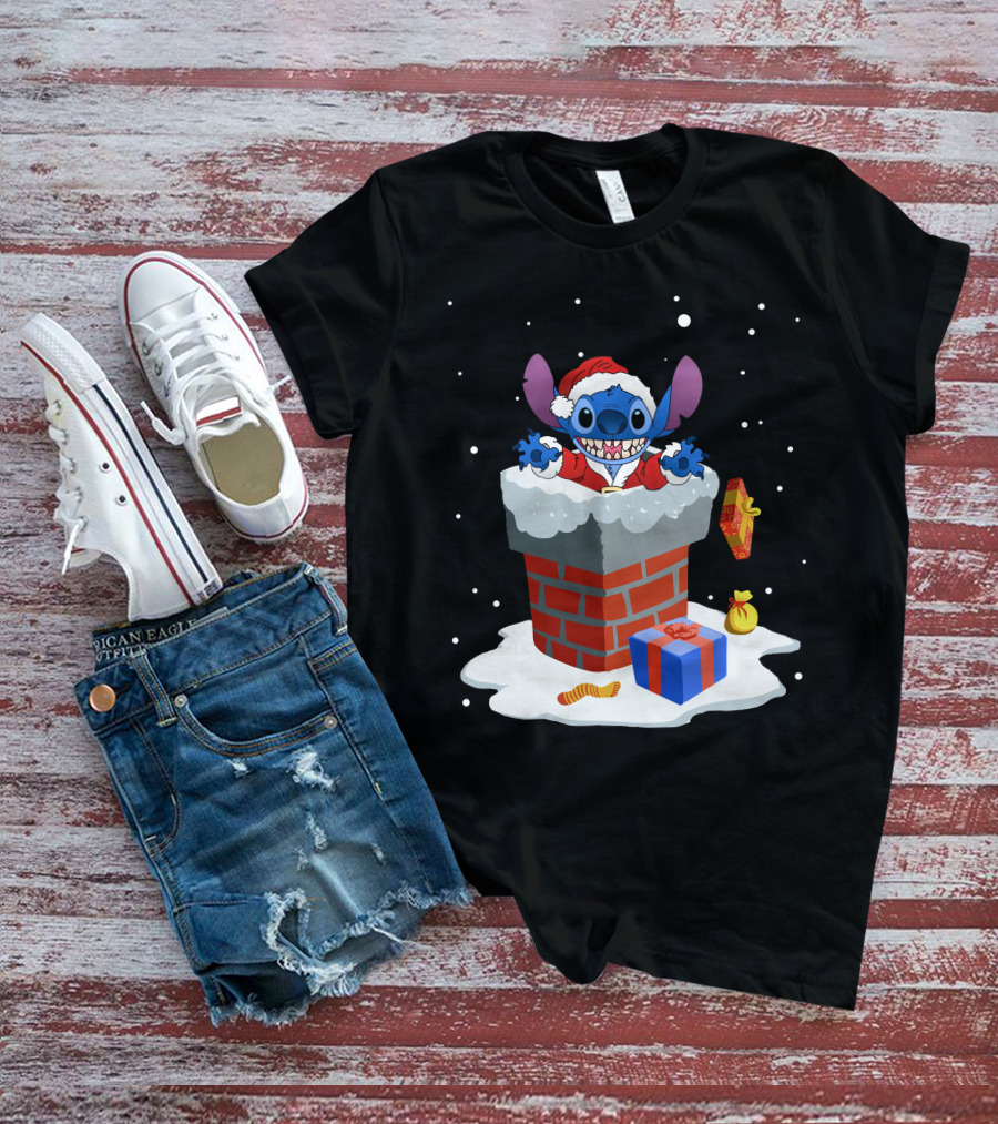 Santa Stitch Christmas Chimney Snow Scene T-Shirt
