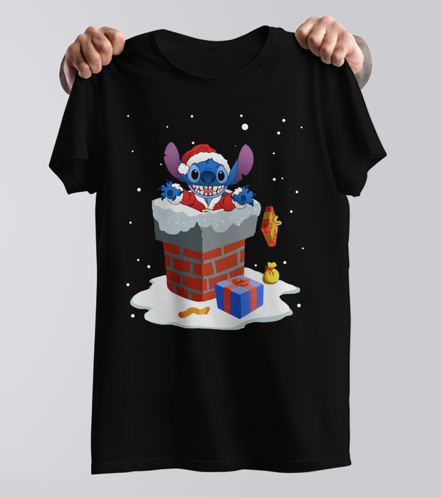 Santa Stitch Christmas Chimney Snow Scene T-Shirt