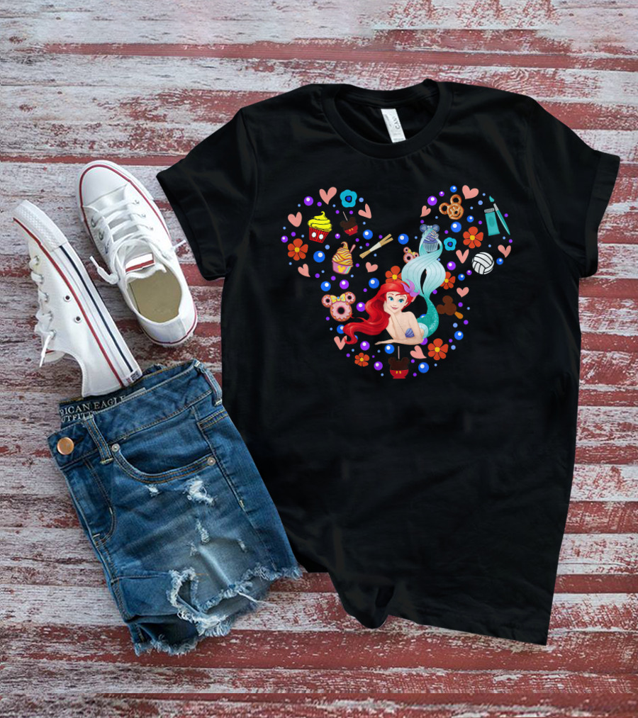 Ariel Little Mermaid Disney Happy Snacks Hearts Flowers Icons T-Shirt