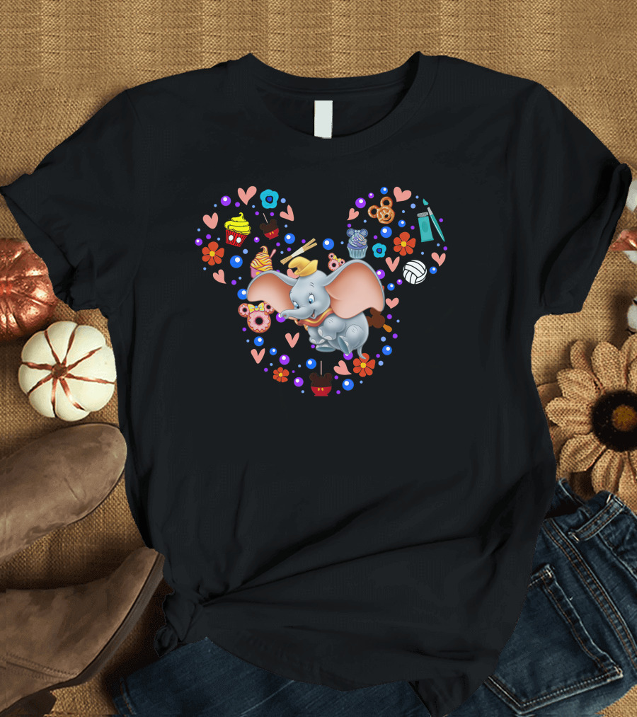 Dumbo With Mickey Mouse Icon And Colorful Desserts And Flowers T-Shirt