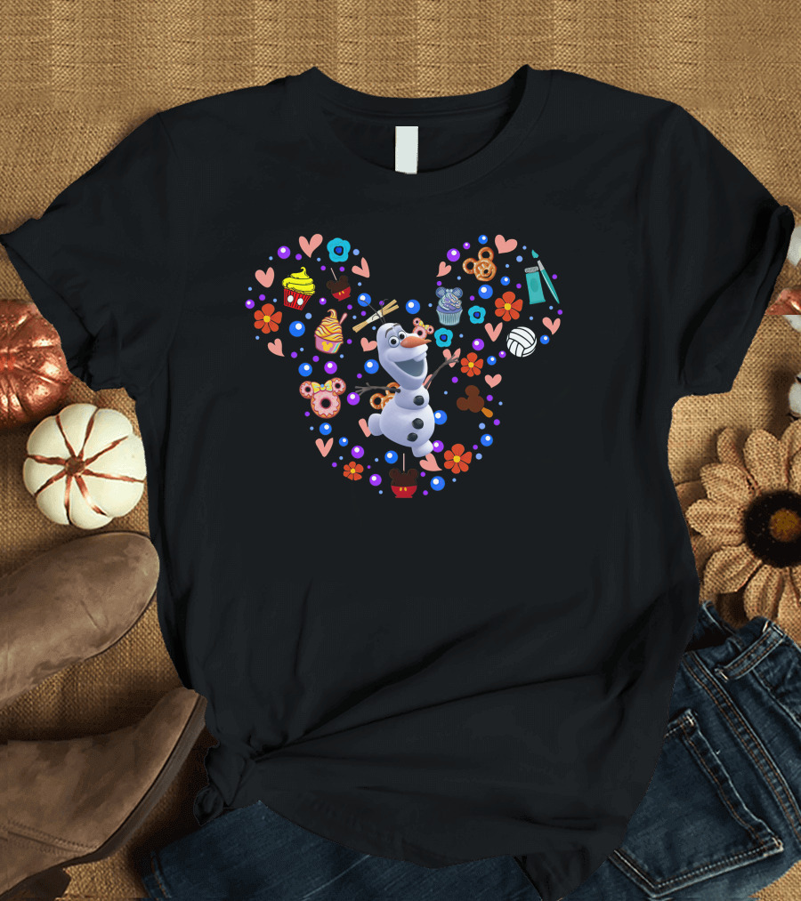 Olaf Frozen Character Surrounded By Colorful Festive Mickey Mouse Shapes And Treats T-Shirt