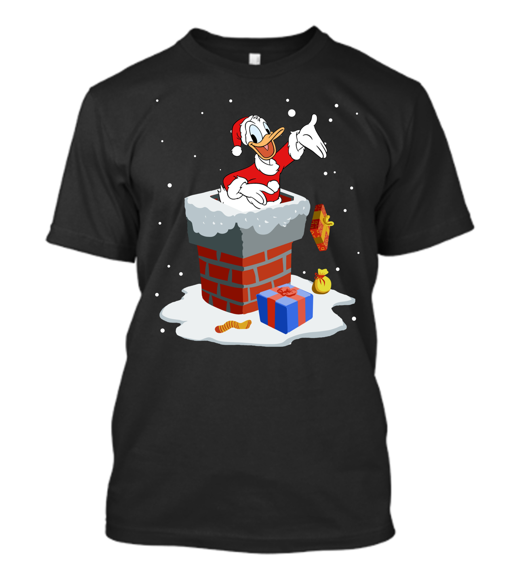 Donald Duck Santa Claus Coming Out Of Chimney With Christmas Gifts T-Shirt