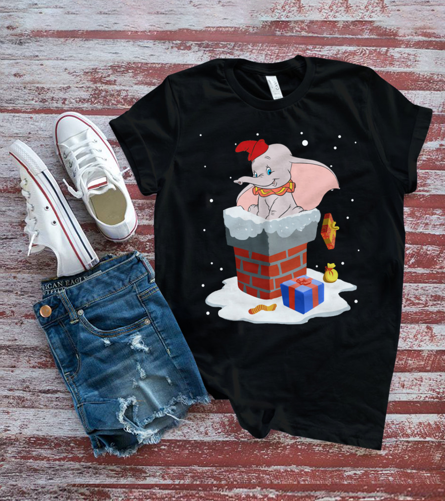 Dumbo Christmas Chimney Scene With Gifts And Snowflakes T-Shirt
