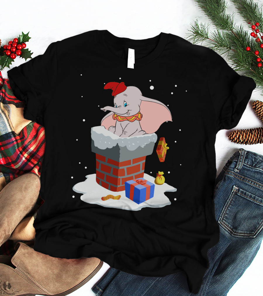 Dumbo Christmas Chimney Scene With Gifts And Snowflakes T-Shirt