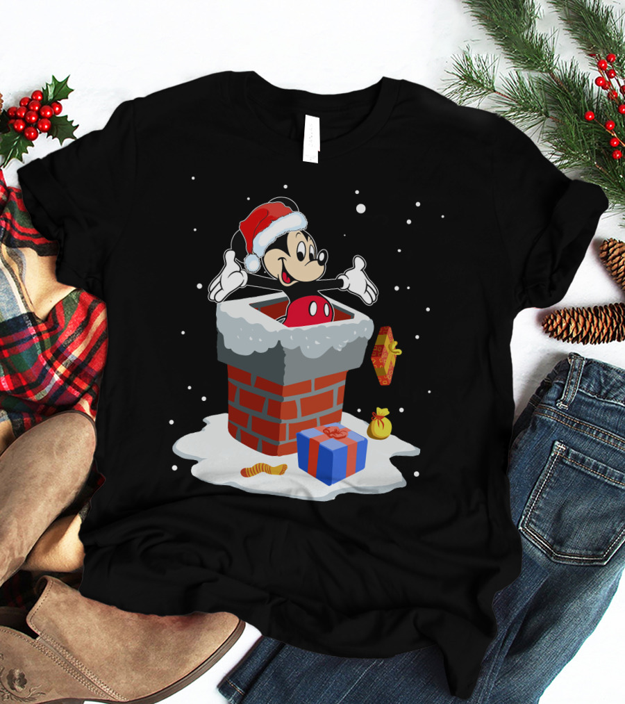 Mickey In Santa Hat Exiting Chimney With Gifts And Snow T-Shirt