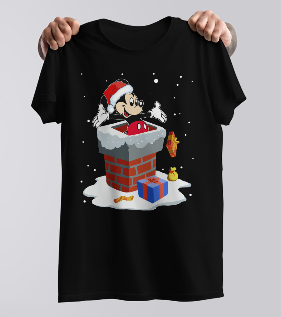 Mickey In Santa Hat Exiting Chimney With Gifts And Snow T-Shirt