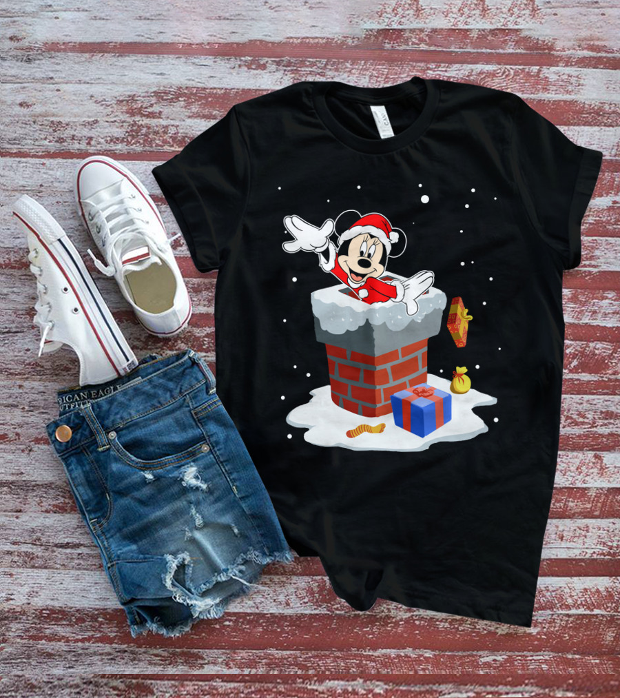 Minnie Mouse Santa In Chimney With Christmas Gifts And Snowflakes T-Shirt