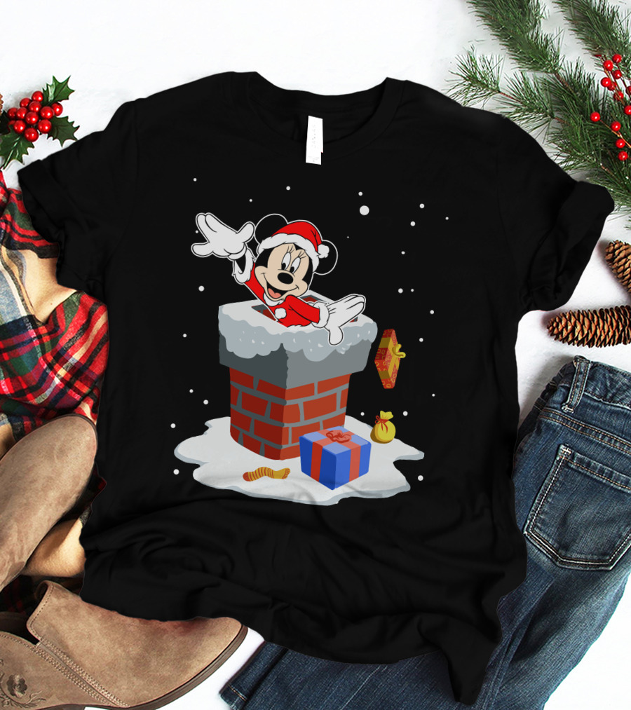 Minnie Mouse Santa In Chimney With Christmas Gifts And Snowflakes T-Shirt