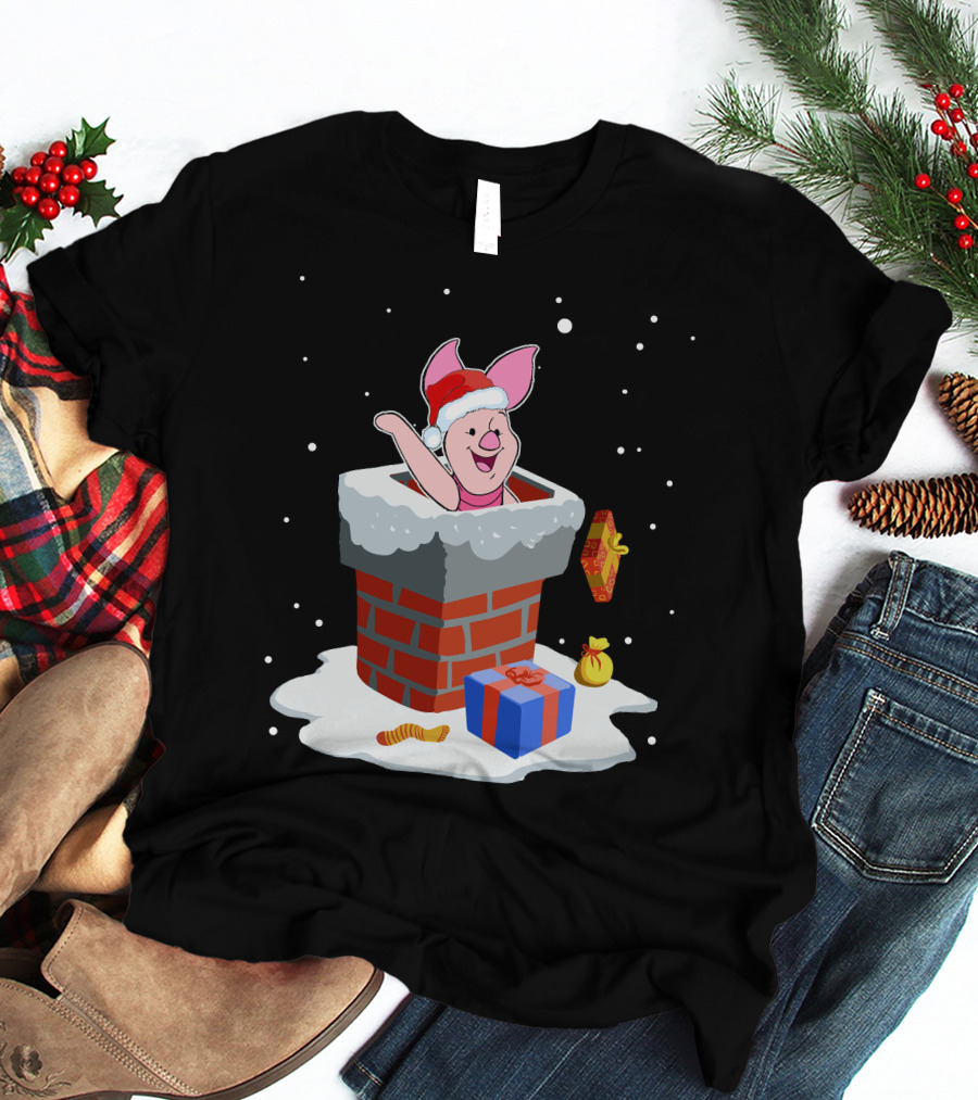 Piglet Santa Christmas Chimney Gifts Snow T-Shirt