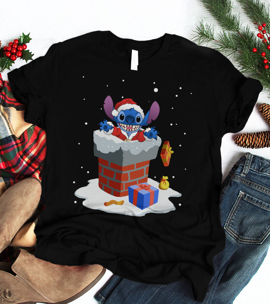 Stitch Santa Chimney Christmas Presents Snowfall T-Shirt