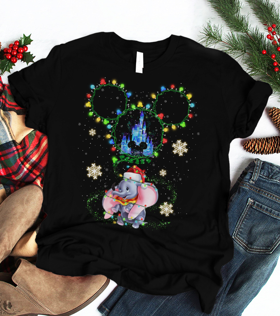 Dumbo Christmas Lights Castle Mickey Ears Snowflakes Disney Holiday T-Shirt