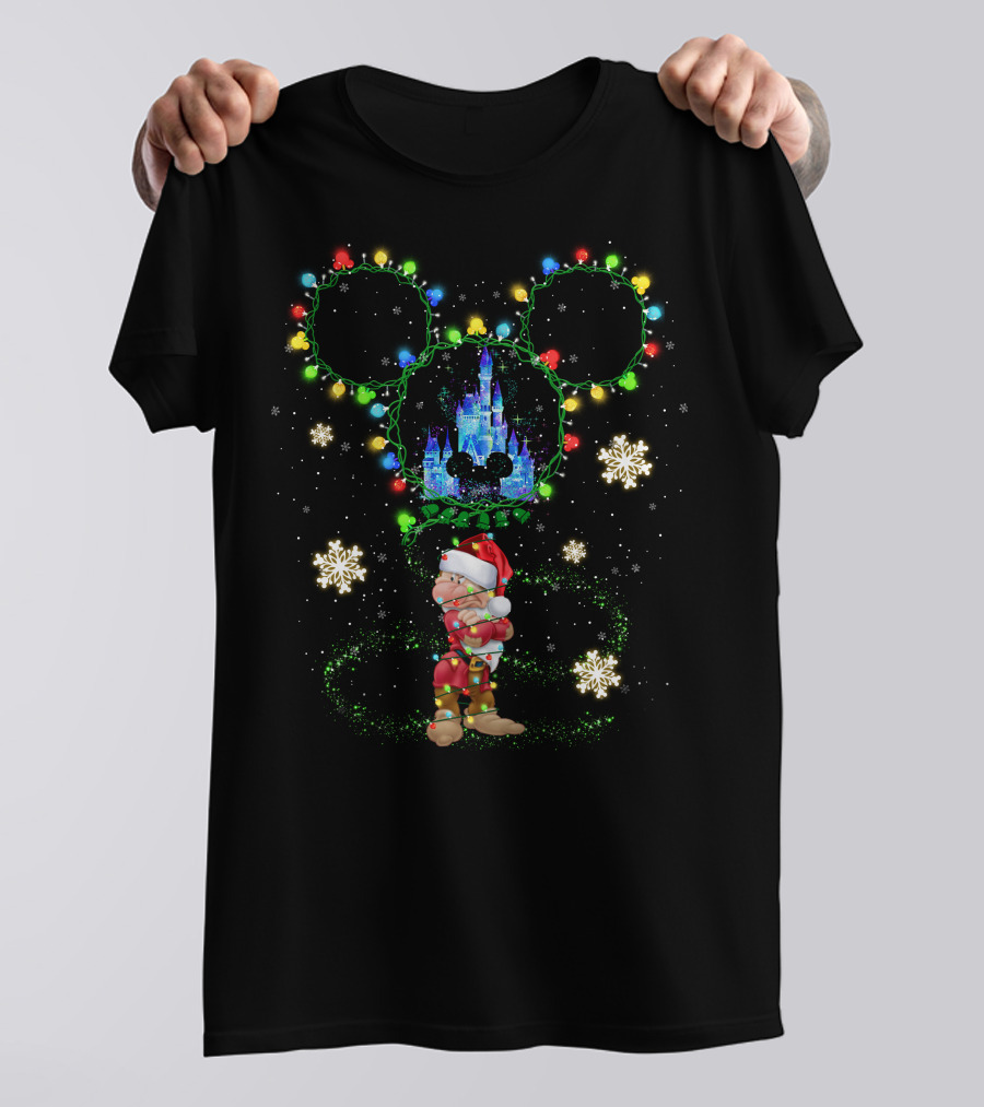 Grumpy Christmas Lights Castle And Mickey Ears Snowflakes T-Shirt