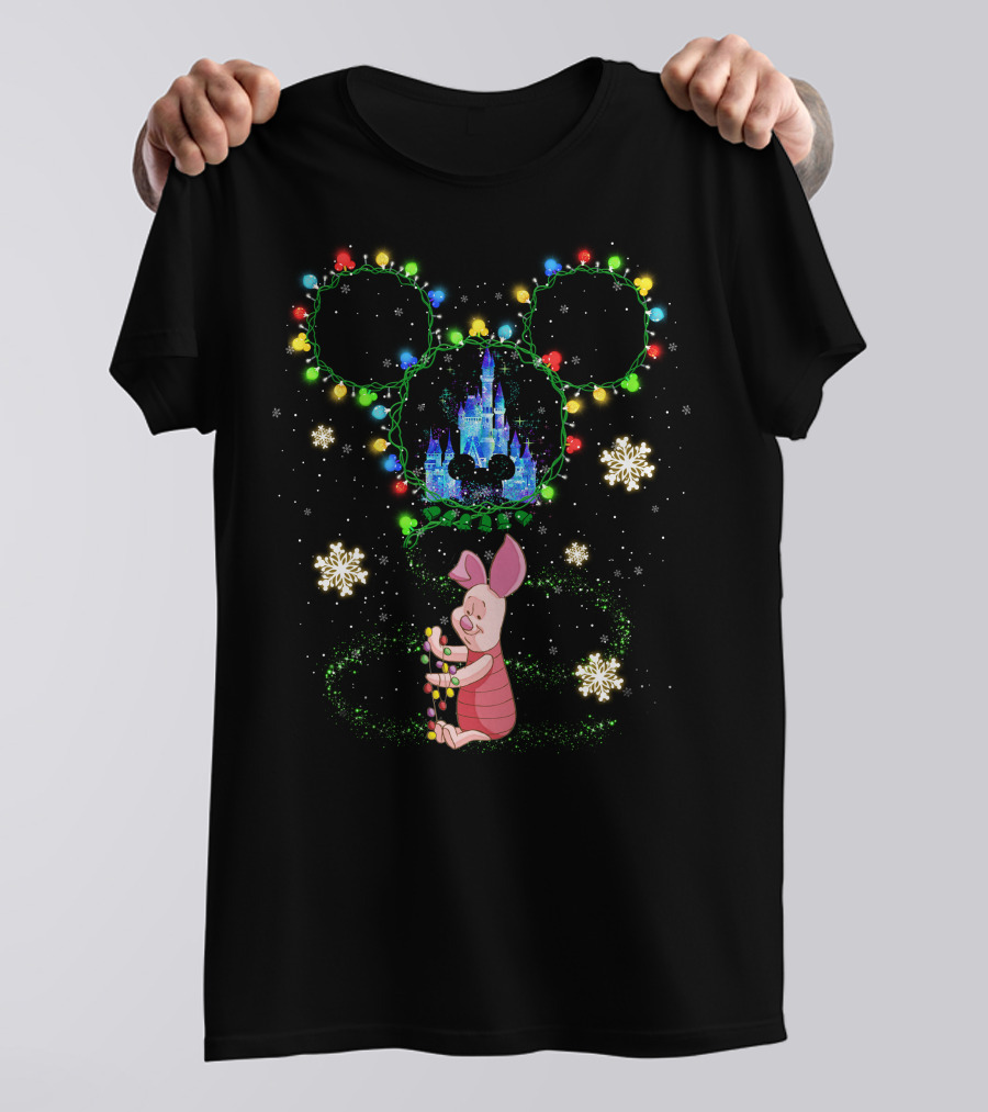 Piglet Christmas Lights Castle And Mouse Ears Snowflakes T-Shirt