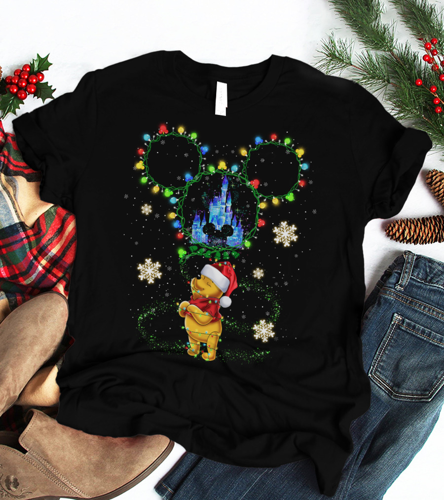 Winnie The Pooh Christmas Lights Castle Mickey Ears Snowflakes T-Shirt