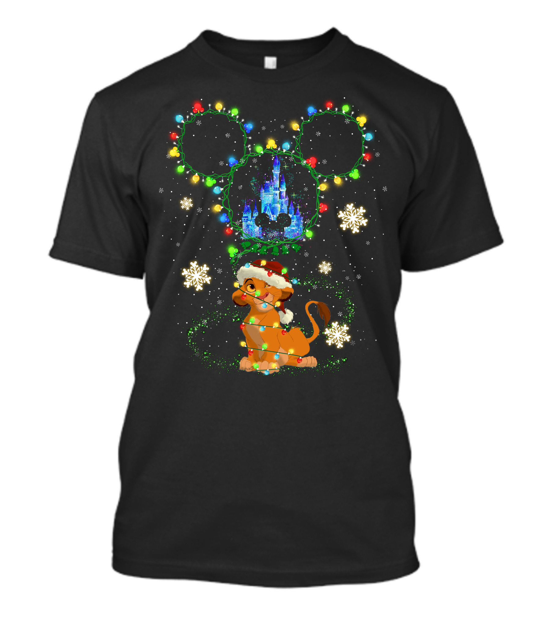 Simba Christmas Disney Castle Mickey Ears Lights Snowflakes T-Shirt