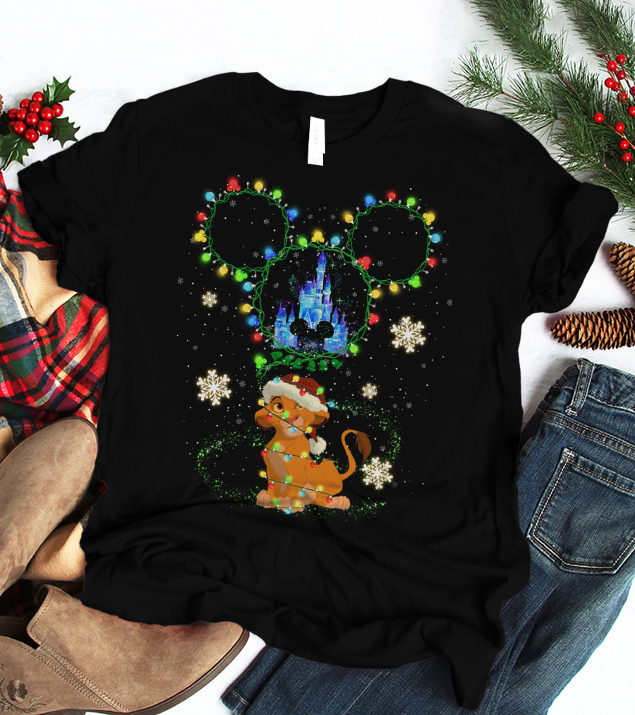 Simba Christmas Disney Castle Mickey Ears Lights Snowflakes T-Shirt