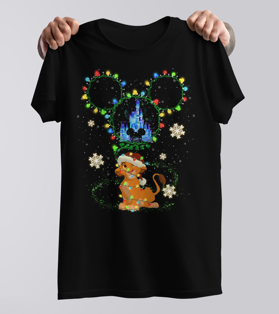 Simba Christmas Disney Castle Mickey Ears Lights Snowflakes T-Shirt