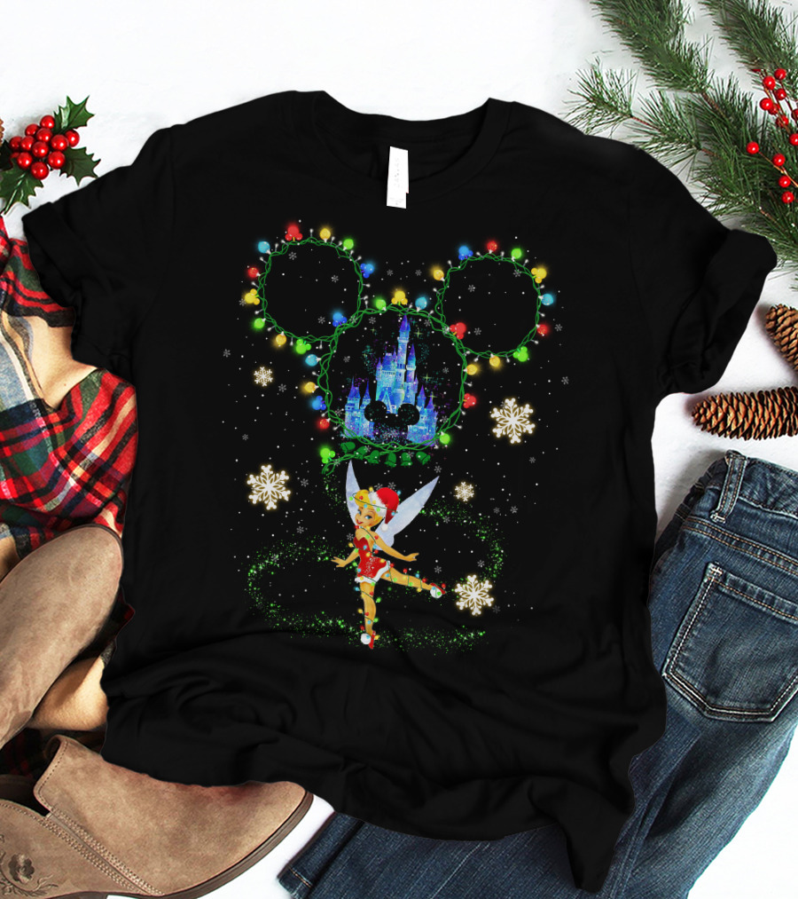 Tinker Bell Christmas Lights Mickey Ears Disney Castle Snowflakes T-Shirt