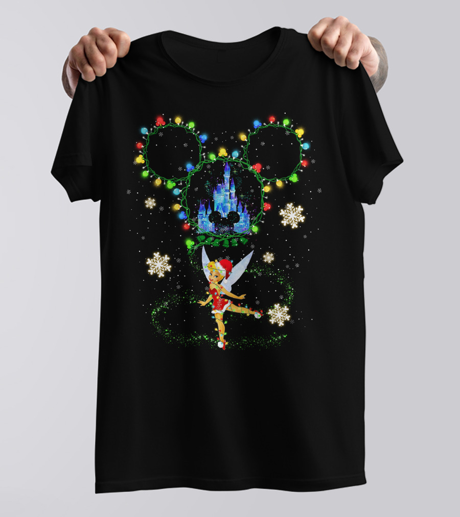 Tinker Bell Christmas Lights Mickey Ears Disney Castle Snowflakes T-Shirt