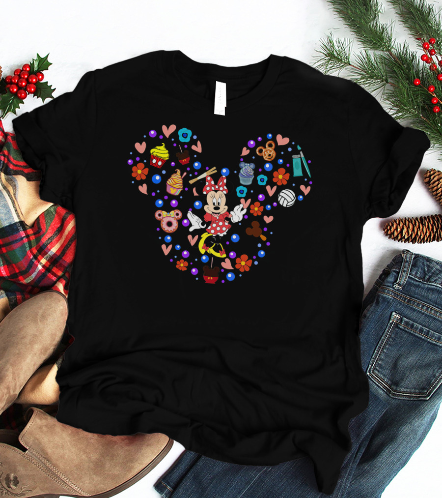 Minnie Mouse Heart Shape With Sweets And Treats Icons T-Shirt