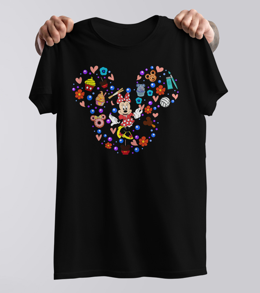 Minnie Mouse Heart Shape With Sweets And Treats Icons T-Shirt