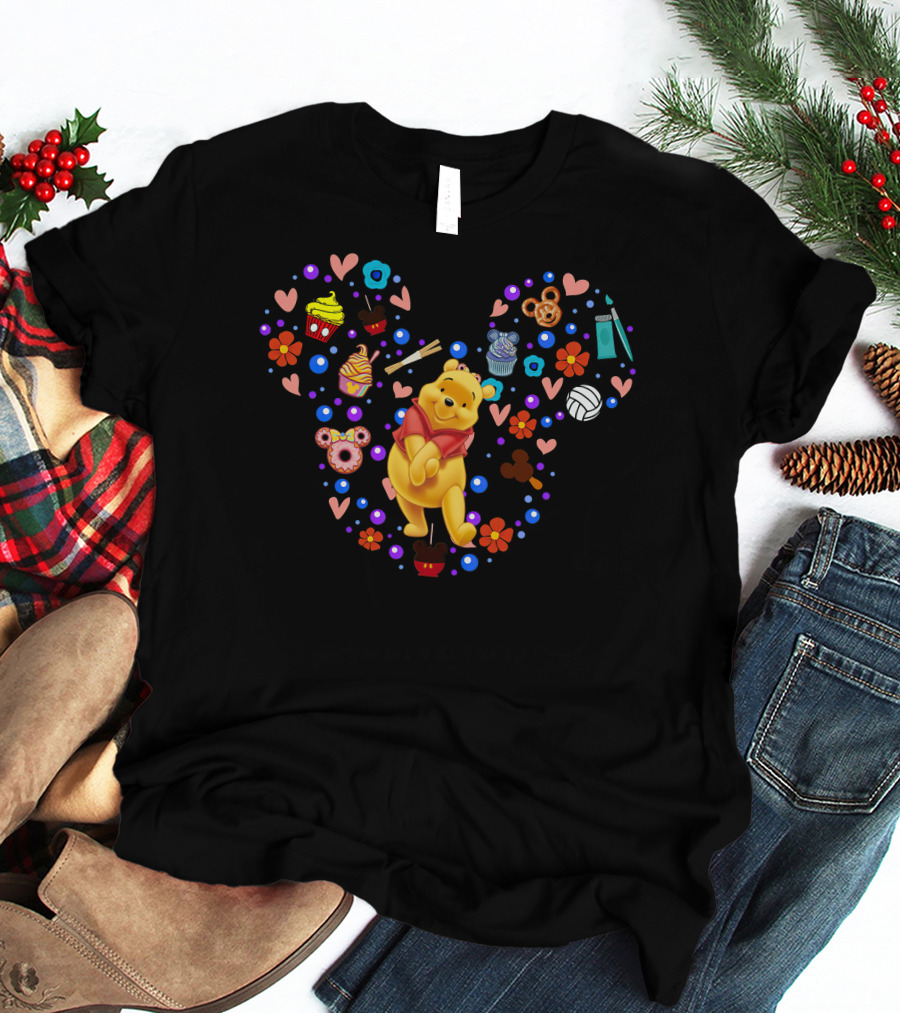 Winnie The Pooh Heart Pattern With Flowers Hearts And Cartoon Snacks T-Shirt