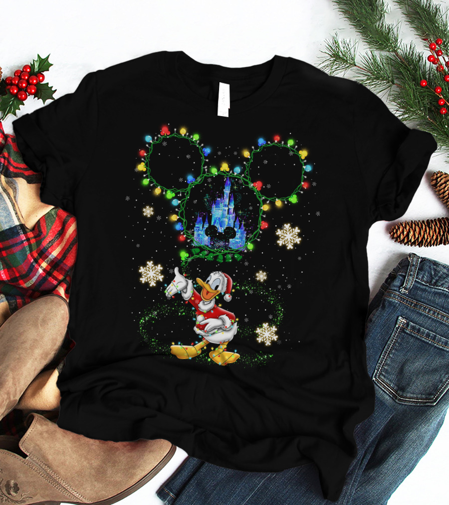 Donald Duck Disney Christmas Castle Snowflakes Lights Mickey Ears T-Shirt