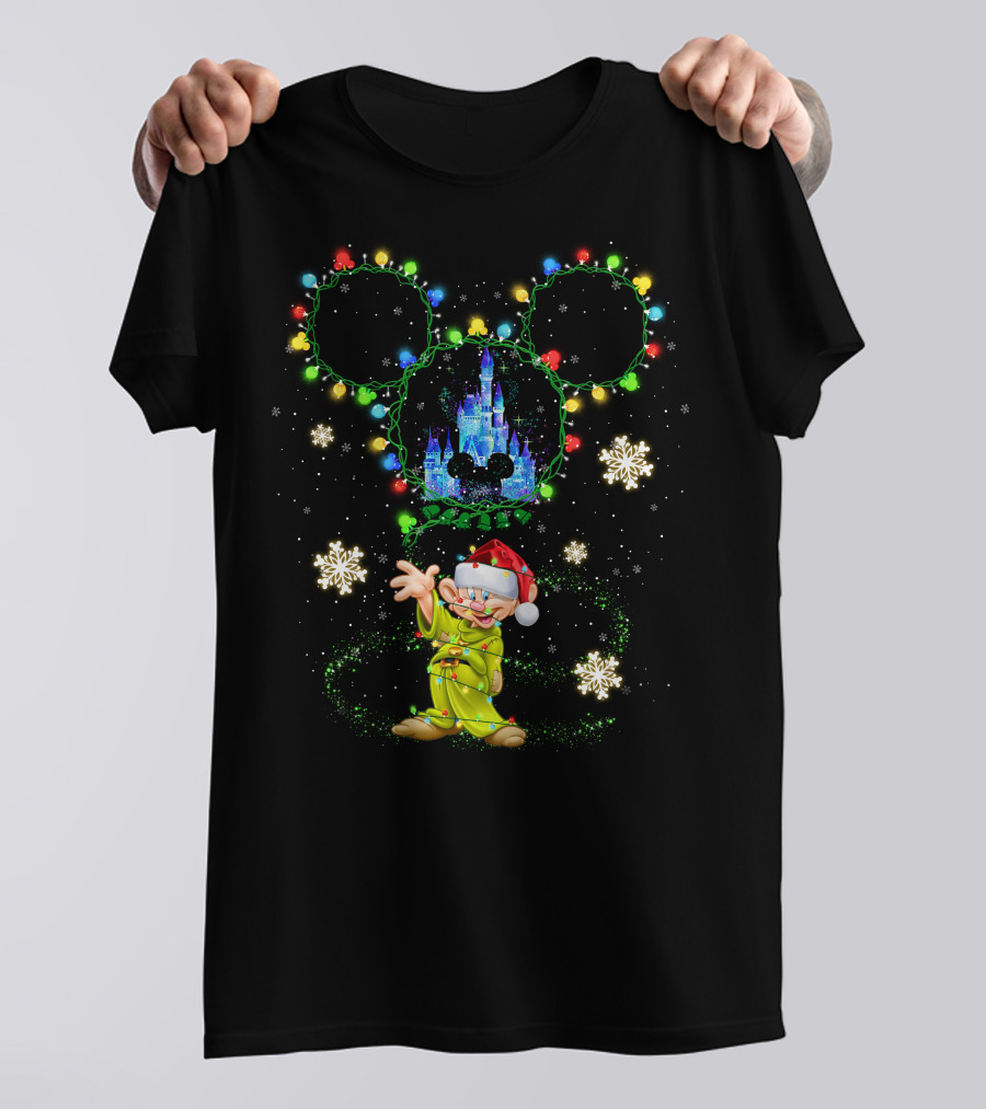 Dopey Christmas Castle Mickey Lights Snowflakes T-Shirt
