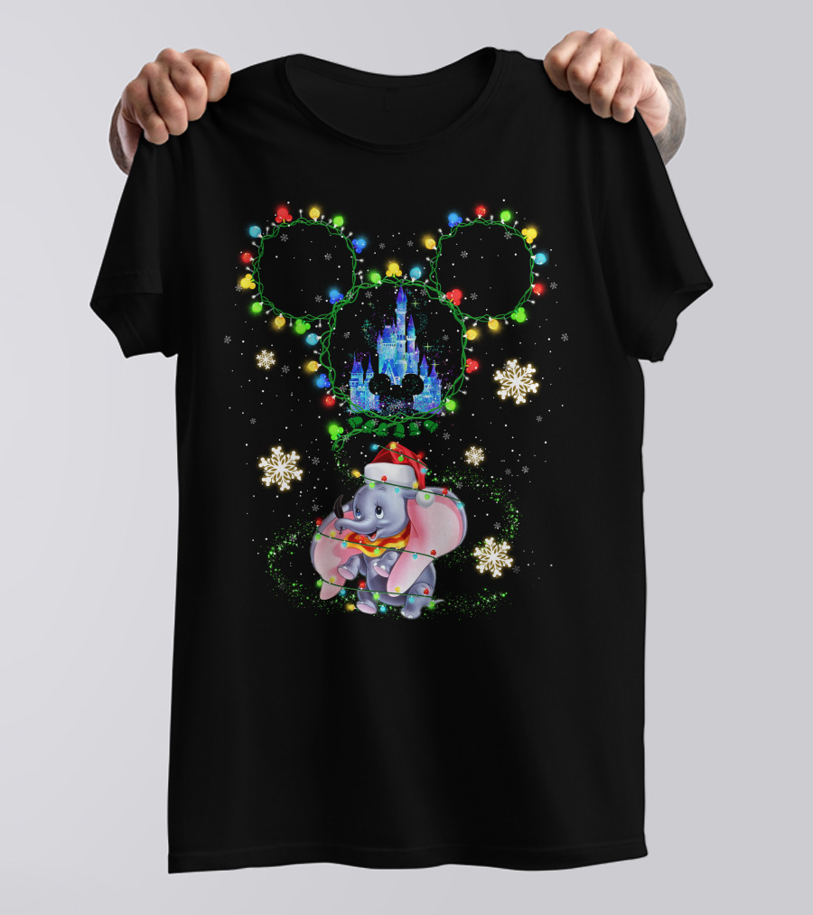 Christmas Dumbo With Castle And Mickey String Lights T-Shirt
