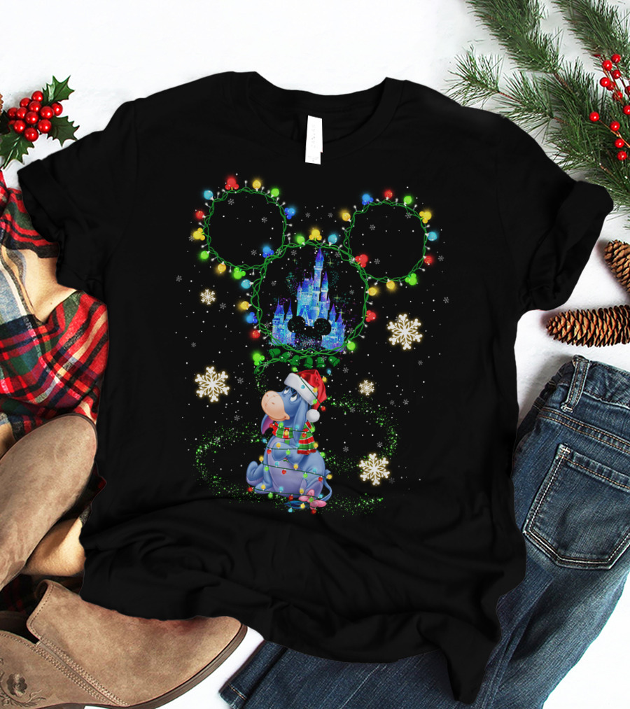 Eeyore Disney Christmas Mickey Lights Castle Snowflakes T-Shirt
