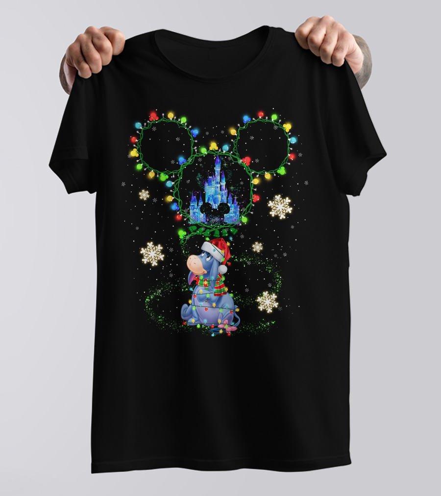 Eeyore Disney Christmas Mickey Lights Castle Snowflakes T-Shirt