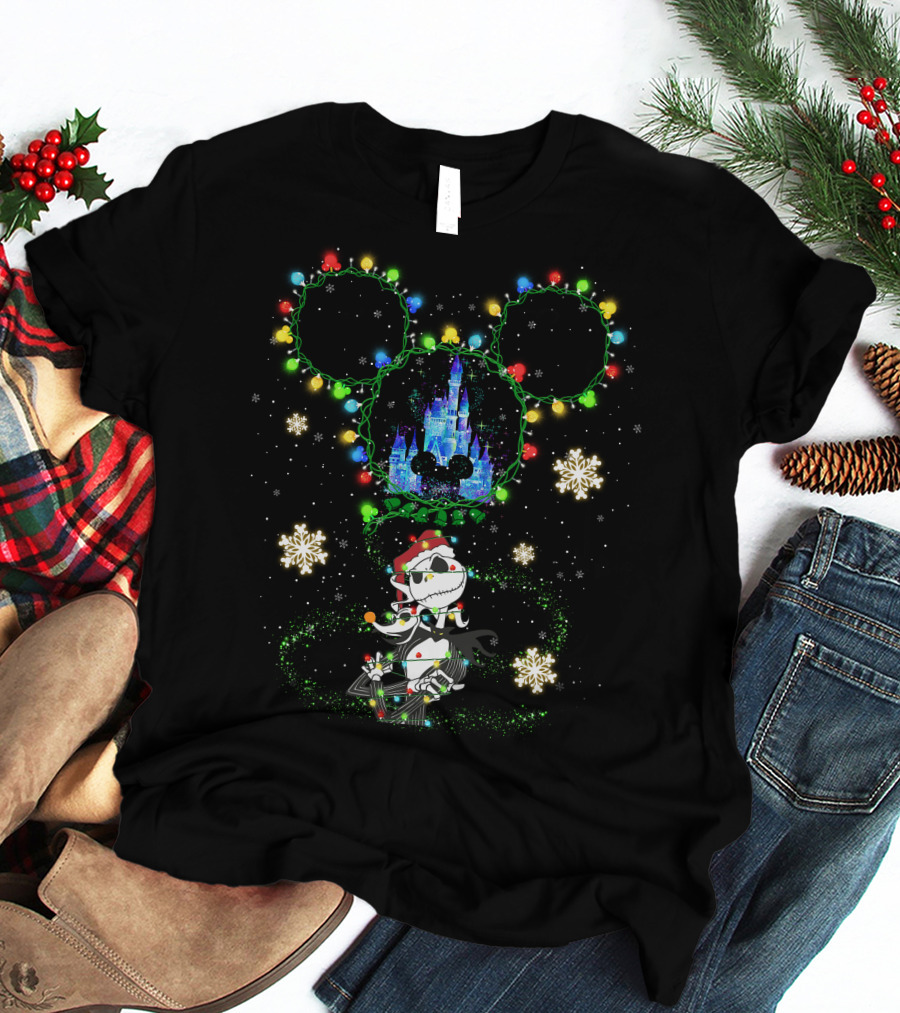 Jack Skellington Christmas Castle Mickey Lights Snowflakes T-Shirt
