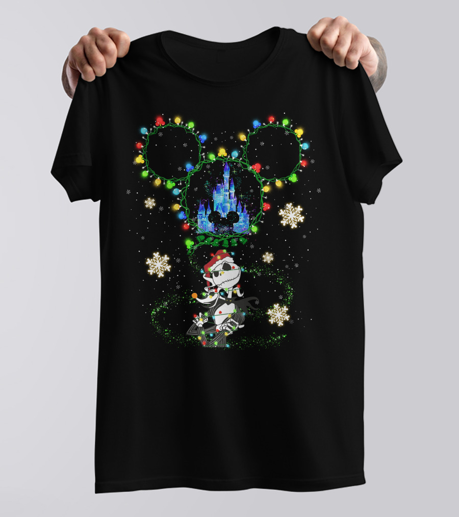 Jack Skellington Christmas Castle Mickey Lights Snowflakes T-Shirt