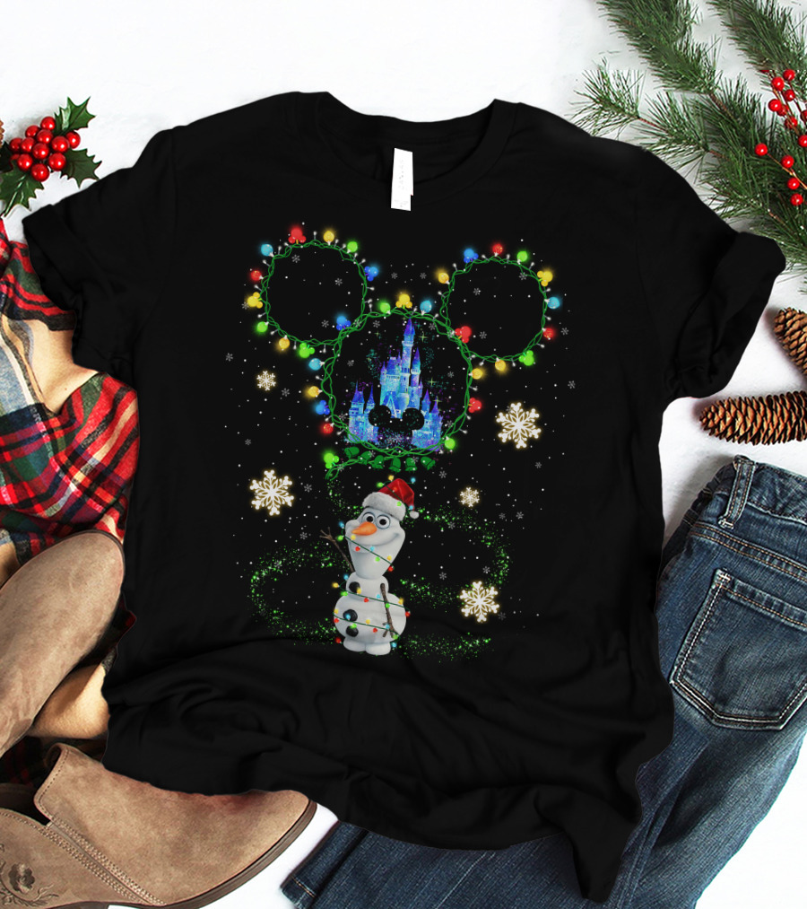 Olaf Christmas Lights Disney Castle With Mickey Ears Snowflakes T-Shirt