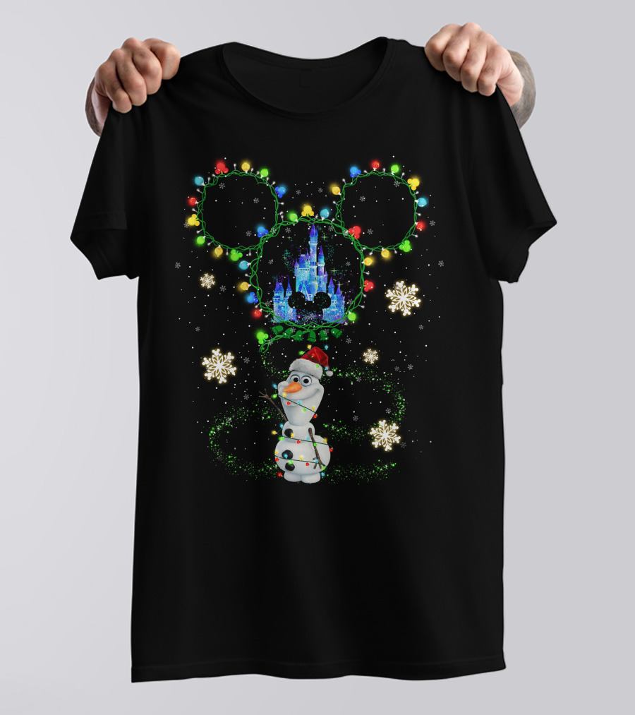Olaf Christmas Lights Disney Castle With Mickey Ears Snowflakes T-Shirt